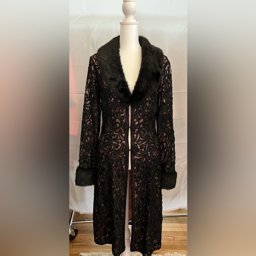SUE WONG Duster Coat, 1920’s Style, Black French Ribbon Appliqué, Faux Fur Trim